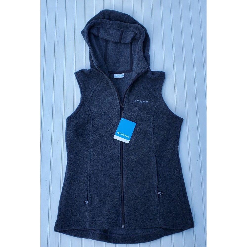 Columbia Womens Fleece NEW Hooded Vest Dark Gray Full Zip Pockets Small